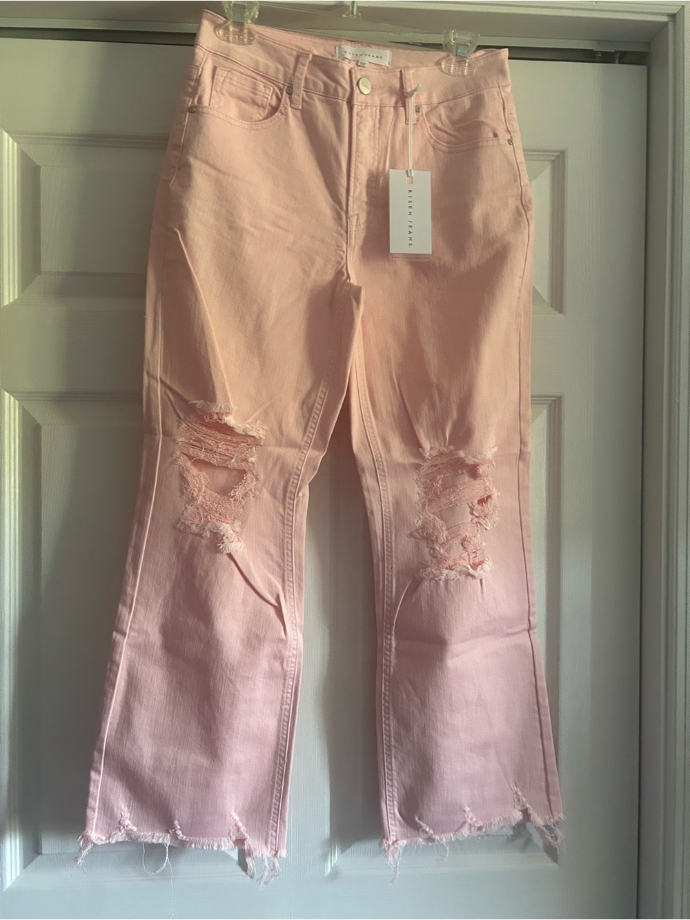 Distressed & Stretchy Light Pink Cropped Jeans - Women's Ankle Flare